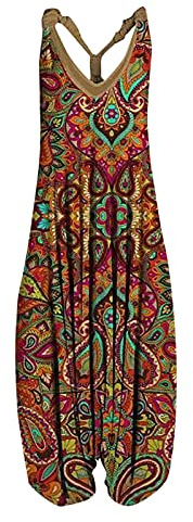 Harem Jumpsuit for Women UK,Ladies Dungarees Vintage Ethnic Casual Loose Sleeveless V Neck Tank Jumpsuits Elegant Suspender Bib Overalls Pants Summer Romper Playsuits Outfits with Pockets Deals