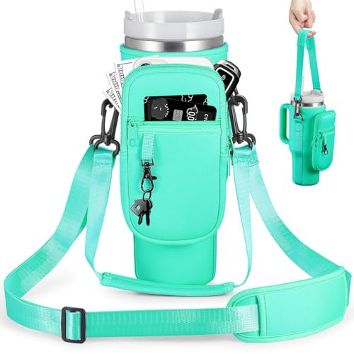 BULKITEM 40oz Water Bottle Carrier Bag with Phone Pocket for Green Stanley 40 oz Tumbler with Handle, Green Insulated Neoprene Cup Holder Pouch Strap for Valentines Stanley Cup Accessories