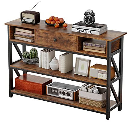 Console Table with Drawer Shelves, Entryway Table with Storage Shelves, Industrial Wood Hallway Sofa Table for Living Room, Couch, Foyer, Kitchen Counter，Rustic Brown