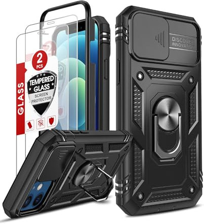 LeYi Cover per iPhone 12 con Vetro Temperato [2 Pack],Custodia per iPhone 12 con Protezione Fotocamera [Slidable] Antiurto Grado Militare 360° Anello Supporto TPU Bumper Custodie,6.1'' Nero