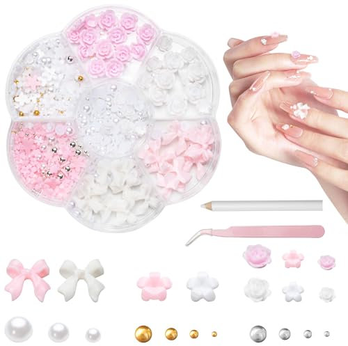 Annickee 3D Nail Charms, Nail Art Charms Schleifen, Blumen und Perlen, Nagel Charms aus Harz, Nageldekorations Sets, DIY Charms Nägel, Nagelanhänger