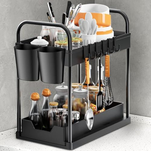 Under Sink Storage, Sink Shelf Organisation for Kitchen Bottom Slide Out Basket Sliding Kitchen Storage with Handle Under Sink Shelf Home Organisation for Cabinet with 8 Hooks, 2 Hanging Cup (1 Pack)