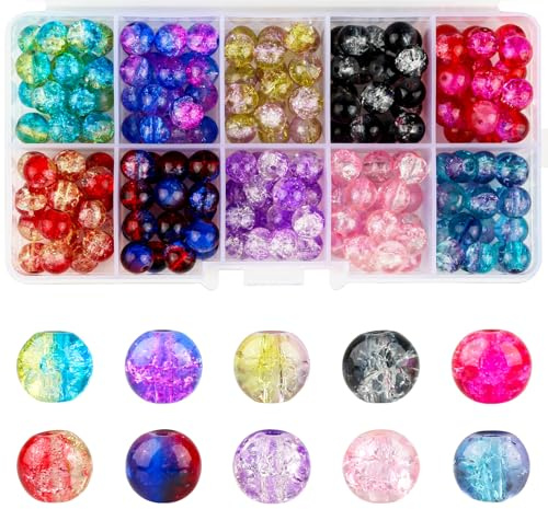 200 Stück 8mm Bunte Glasperlen, 10 Farben | Runde Edelsteine Perlen, Schmucksteine mit Loch für Armbänder Halsketten Schmuck Basteln