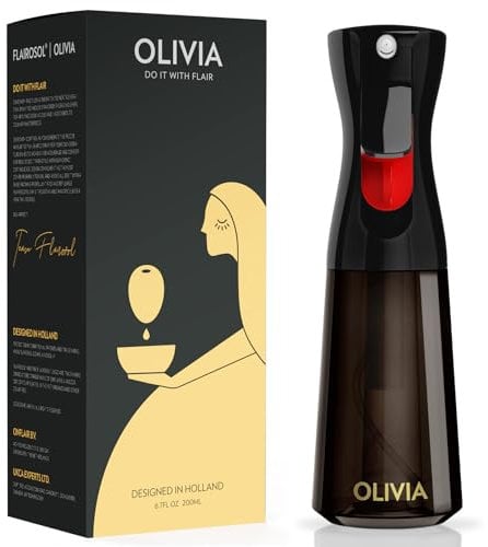 FLAIROSOL OLIVIA - Spruzzatore per olio d'oliva, 200 ml, in vetro, con controllo delle porzioni, erogatore di olio per cucina, friggitrice ad aria, insalata, barbecue (bottiglia nera, stampa dorata)