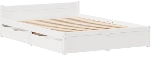 vidaXL Massivholzbett, Holzbett Bett mit Schubladen, Bettgestell Bettrahmen mit Lattenrost, Doppelbett für Schlafzimmer, Weiß 140x200cm Kiefer