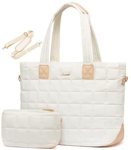 LOVEVOOK Laptop Handtasche Damen Groß,Puffer Laptoptasche 15,6 Zoll,Arbeitstasche Shopper Tasche Schulhandtasche Aktentasche Bürotasche Tote Bag Lehrertasche Umhängetasche Uni Tasche für,Beige