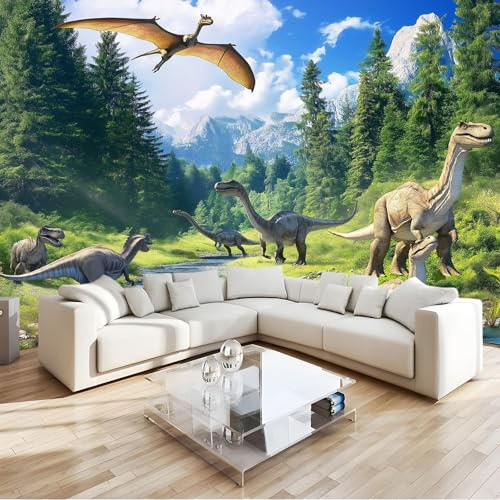 Vlies Fototapete Fotografie Wald Grasland Dinosaurier - Foto Tapete Schlafzimmer Wohnzimmer Moderne Vliestapete 300 x 210 cm Wandtapete Bildtapete 3D Effekt Wand Dekoration