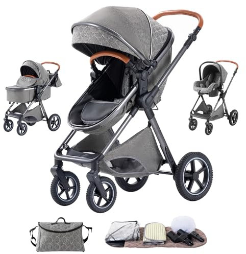 Shineey kinderwagen 3 in 1 Buggy Babybett Komplett Set Einem Klick Zusammenklappbarer Kinderwagen, 3 in 1 KombiKinderwagen Aluminiumrahmen für Neugeborene