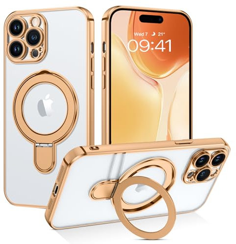 BENTOBEN Magnetic Case for iPhone 14 Pro [Compatible with Magsafe], Invisible Ring Stand Clear Back Soft TPU Plating Edge Military Grade Protection Shockproof Cover for iPhone 14 Pro, Gold