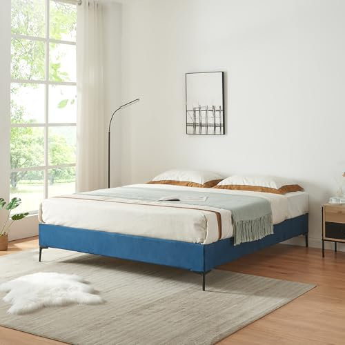[en.casa] Doppelbett Lilla 140 x 200 cm Bettgestell mit abnehmbarem Bezug Samt Bett mit Lattenrost Polsterbett Blau