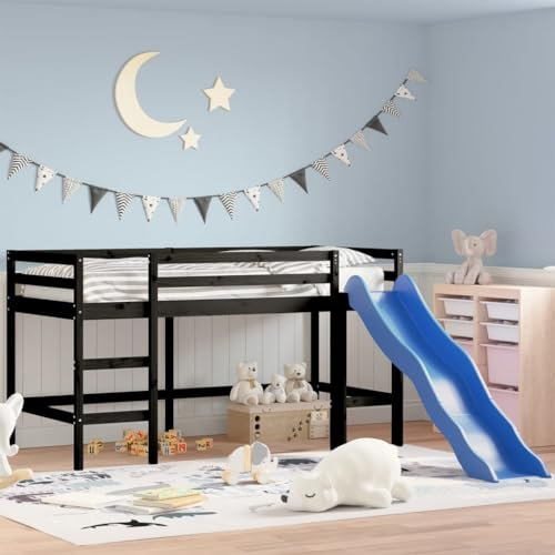 Willood Kinderhochbett mit Rutsche Schwarz 90x190 cm Massivholz Kiefer