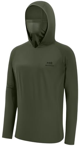 Bassdash UPF 50+ Men’s Long Sleeve Fishing Shirt with Mask UV Neck Gaiter Hoodie Olive Green