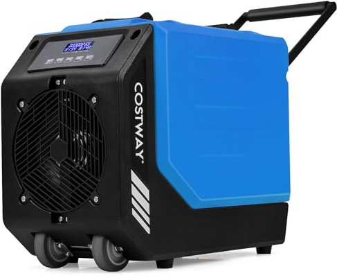 COSTWAY 90L/Day Commercial Dehumidifier, Industrial Air Dehumidifiers Building Dryer with Pump, 24H Timer, Auto Defrost, Memory Starting, Handle & Wheels, Air Circulation 412m3/h (Blue)
