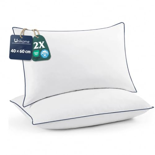 UNIKOME Gänse Feder und Daunenkissen, 2er Set Kopfkissen 40x60cm | Premium Luxus Kissenbezug aus 100% Baumwolle, Waschbar, Oeko-TEX, Weiß,schonend waschbar, besonders weich und langlebig