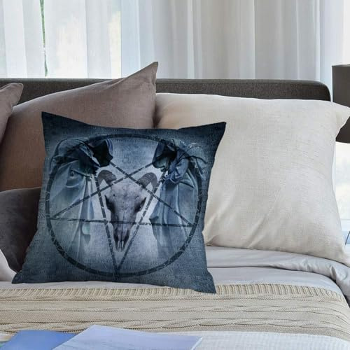 KHWEJ Kissenbezüge 50x50 cm,Horror-Dekor, Kunstwerk mit Pentagramm-Symbol Ziegenschädel Teufelstraum Kapuzenpullover Illustration Exo,Zierkissenbezug Cushion Cover Couch Wohnzimmer Außenbereich Deko