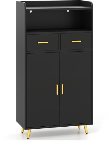 COSTWAY Meuble Salle de Bain Rangement, Armoire Salle de Bain avec 2 Tiroirs, Placard à 2 Portes, Compartiment Ouvert, Étagère Réglable, Pieds en Métal, 30 x 60 x 100 cm (Noir)