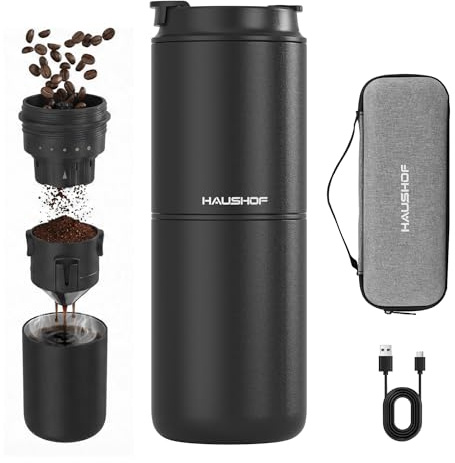 HAUSHOF Molinillo de Café Eléctrico Portátil Inalámbrico con Taza Térmica Doble 700ml, 5 Niveles de Molienda Ajustable, Cafetera Vertido Todo en Uno para Camping, Outdoor Viaje, RV y Oficina