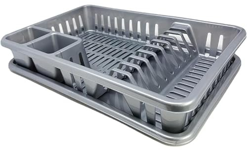 Ketayle Dish Drainer Rack with Drip Tray Silver - Large Plastic Plate & Cutlery Cup Holder, BPA-Free, Kitchen Sink Utensil Organizer, Food-Grade for Draining Dishes & Utensils