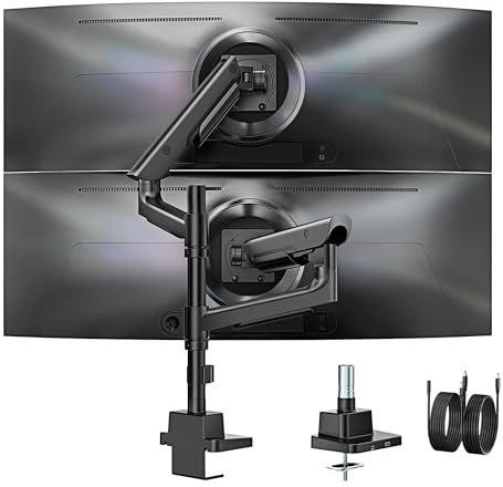 monTEK 2 Monitor Halterung für 17–57zoll Bildschirm bis 27KG VESA 75/100mm | Gasfeder,USB A/C,Klemm/Durchführungsbefestigung,Aluminium,Weiß