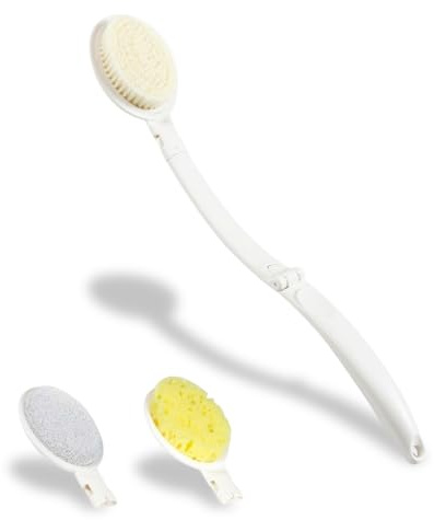 Long Handled Sponge Back Scrubber Dry Brushing Body Brush, 3 in 1 Foldable Long Handle Bath Brush with Soft Natural Bristles with Brush Sponge Pumice Head for Shower, Exfoliating or Dry Skin Brushing
