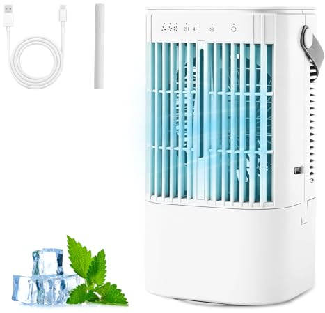 Ventilador móvil con depósito de agua de 900 ml, temporizador de 2/4 h | 3 velocidades de viento, función de pulverización, 7 colores de luz, mini ventilador para dormitorio y oficina