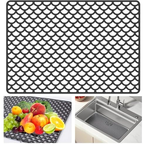 lomdung Alfombrilla de Silicona para Fregadero, 46 x 32cm Protector Fregadero Cocina, Alfombrilla Antideslizante para Fregaderos, Drenaje Rápido, para Mantener la Cocina Limpia (Negro)