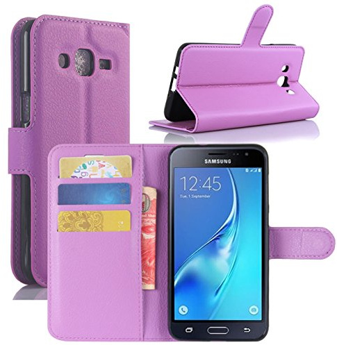 HualuBro Galaxy J3 2016 Hülle, Premium PU Leder Leather Wallet HandyHülle Tasche Schutzhülle Flip Case Cover für Samsung Galaxy J3 2016 / J3 (2016) Duos / J3 2015 Smartphone (Violett)