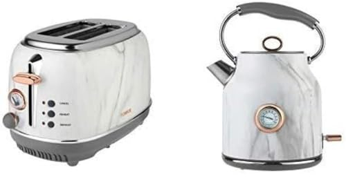 Tower Kitchen Set 2-Piece, Stylish Cordless Kettle 1.7 Litre, 3000 W and 2-Slice Toaster 810 W, Marble and Rose Gold