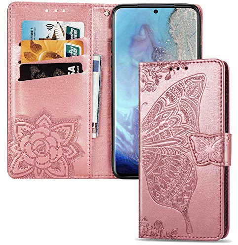 IMEIKONST Case für LG K61 Hülle Elegant Embossed Brieftasche PU Leder Durable Magnetic Flip Ständer Schutzhülle Handyhülle für LG K61 Butterfly Rose Gold SD