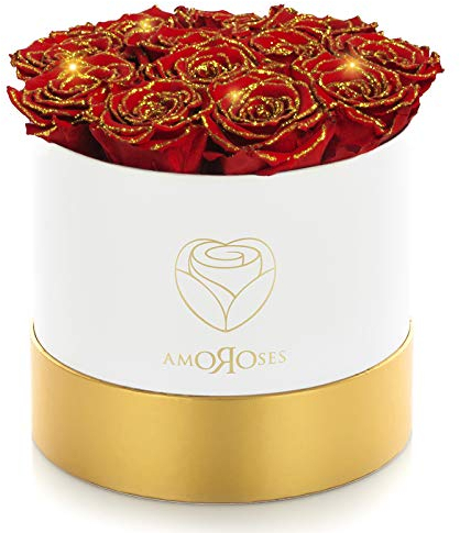 Amoroses GOLD DELUXE - Confezione regalo 12 Rose Stabilizzate Eterne - Elegante Bouquet di fiori veri (Scatola Bianca con Rose Rosse Glitter Oro)