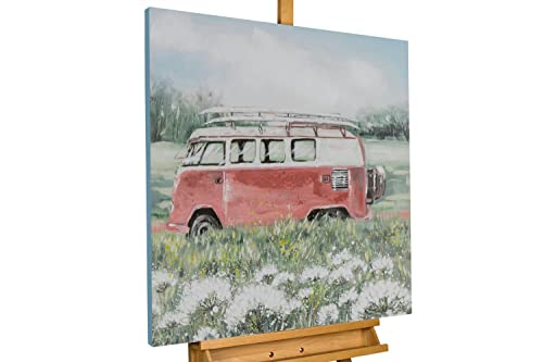 KunstLoft Leinwandbild | 100% HANDGEMALT | 80x80cm | Gemälde 'In the Middle of Idyll' | Autos & Technik | Grün Rosa | Wandbild Wohnzimmer