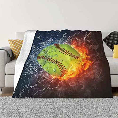 Orange Softball Baseball On Fire And Water Fleece Überwurf Decke für Couch – Dicke Flauschige Warme Weiche Decken und Überwürfe für Sofa, Schlafzimmer Decke