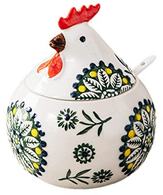 JHNIF Vaso per condimenti in porcellana con coperchio e cucchiaio, 325 ml, saliera e zuccheriera per cucina, a forma di pollo