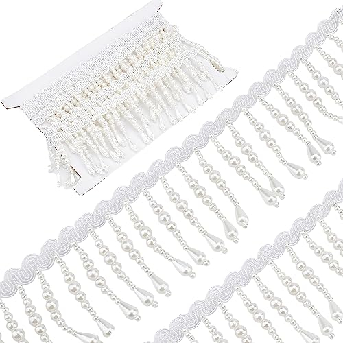 GORGECRAFT 2 Yard Perlen-Spitzenbesatz Bänder Vintage-Stil Perlenbesatz Stoffanhänger Quasten Fransen Für Kleidungsstücke Bestickte Applikation Nähen Basteln Hochzeit Brautkleid Kleidung Dekoration