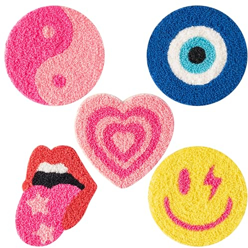 A1DIEE Preppy Boho Tufted Untersetzer - 5 Stück Lächeln Böses Auge Lippe Liebe Yin-Yang Getränkeuntersetzer Rosa Pastell Teppich Becherunterlage für Küche Schreibtisch Geburtstag Einweihungsgeschenk
