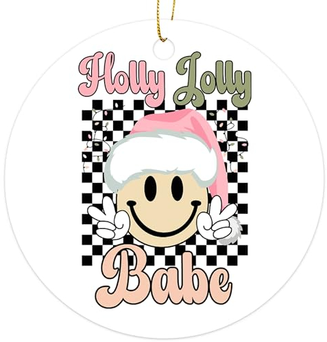 Hollly Jolly Babe Smiley Face karierte Friedensstimmung Weihnachten Ornament – Weihnachtsorange – Weihnachtsbaumschmuck – lustige 2023 Weihnachtsdekoration – 7,6 cm rund PVC Ornament – gedruckt in den