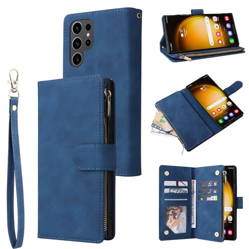 QLTYPRI Hülle für Samsung Galaxy S24 Ultra, Premium Leder Handyhülle mit Große Kapazität 6 Kartenfach & 1 Reißverschluss Tasche Ständer Schutzhülle für Samsung Galaxy S24 Ultra - Blau