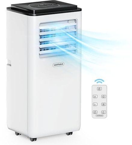 VonHaus Air Conditioner 9000 BTU – Portable Air Conditioning Unit, Dehumidifier Mode, Window Venting Kit, Remote Control, 5 Modes, 2 Speeds, 24hr Timer, LED Display, x4 Wheels, Carry Handle