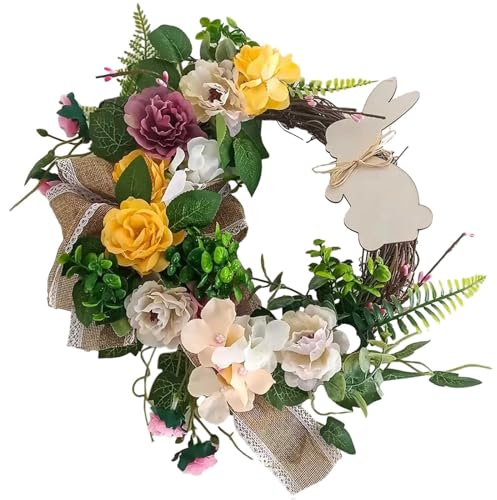 Türkranz Osterkranz Osterdeko Ostern Häschenkranz Haustür Kranz Türkranz mit Ostereier Osterhase Blumen Kränze Girlande Frühling Tür Deko Ostern Kränze Ostertür Dekorationen (z1-Beige, One Size)