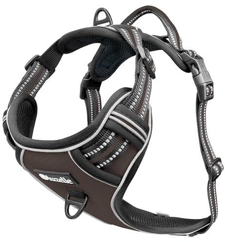 bluzelle Hundegeschirr für kleine Hunde, Reflektierendes Brustgeschirr mit Griff & Tasche für GPS Tracker, Anti-Zug Hundeweste Hund-Warnweste, Atmungsaktiv Reflektor-Gurte, S, Braun