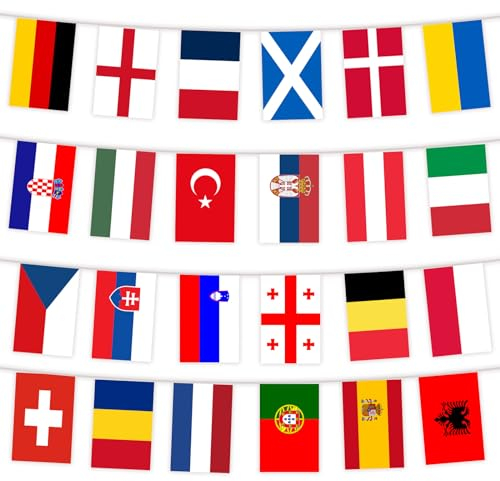 YOFANUP Wimpelkette Europäische Länderflaggen, 24 Länderflaggen – 26 Fuß/8.5 m, Doppelseitige Flagge, Fahnenkette für Bar, Restaurant, Garten und Schule