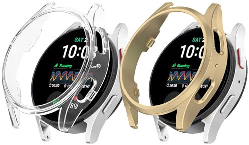 2 Pack Protective Case for Samsung Galaxy Watch 7 40 44mm, Hard PC Protector Cover Bumper Bezel Drop-proof Shell Sleeve for Galaxy Watch 7 Smartwatch Case (Clear+Gold, 44mm)