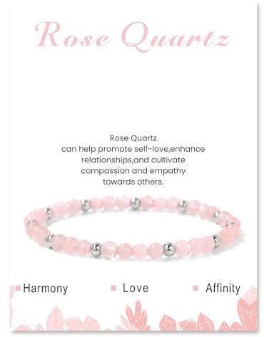 Uwiyo Beaded Bracelets for Women, 4mm Crystal Bracelet with Silver Beads Elastic Natural Stone Bracelet Yoga Gemstone Stone Bracelets for Women Girls for Birthday Christmas (Rose Quartz)