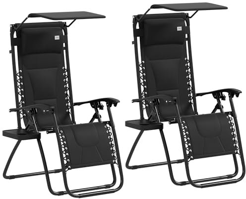 Outsunny Zero Gravity Lounger Chair Set of 2, Folding Reclining Patio Chair with Shade Cover, Padded Seat, Cup Holder, Soft Cushion and Headrest for Poolside, Camping, Black