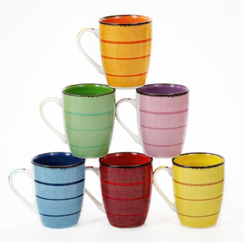Sulwena Coffee Mugs Set of 6, 360ml Multi-Coloured Stoneware Coffee Cups and Tea Mug, Large Ceramic Mug for Tea Latte Hot Chocolate, Microwave & Dishwasher Safe