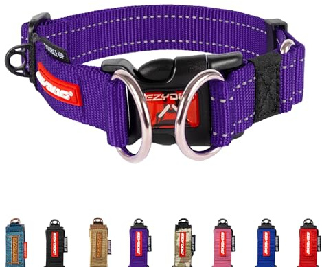 EzyDog Double Up Dog Collar - Reflective Large Dog Collar with ID Tag D-Ring, For Small, Medium & Large Dogs - Supreme Comfort with Soft & Strong Nylon Webbing - Purple
