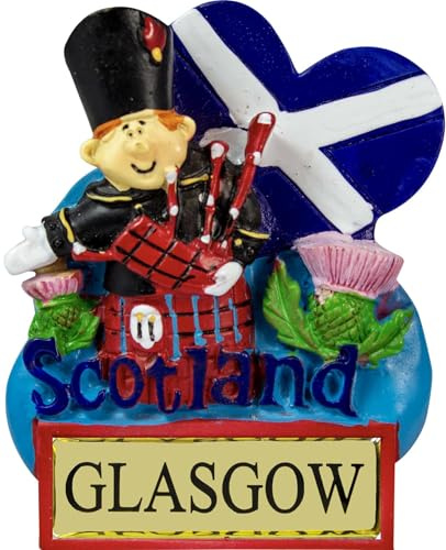 I LUV LTD Glasgow Fridge Magnet - Highland Piper in Traditional Dress, Scotland Flag Saltire Heart, Scottish Gifts