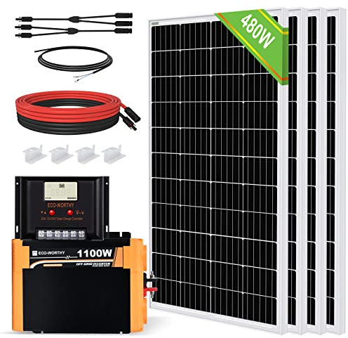 ECO-WORTHY 2kWh Solar Panel Kit 480W 12V Off Grid Solar Power System for Home RV: 4pcs 120W Solar Panels+60A Charge Controller+1100W DC 12V to AC 230V Inverter