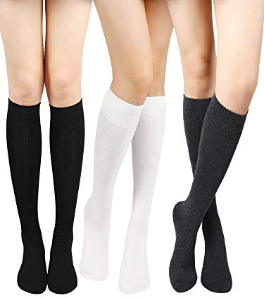 SATINIOR Cotone Calze a Ginocchio Alto Calze a Compressione Alte in Maglia Tinta Unita Calzini da Stivali per Donna (Nero, Grigio Scuro, Bianco, 3)