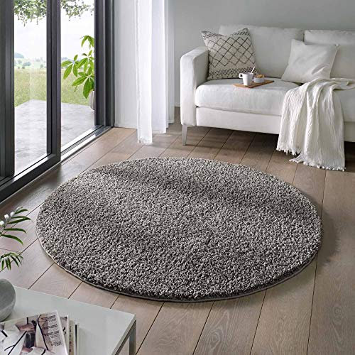 Taracarpet Shaggy Teppich Wohnzimmer Venezia Hochflor Langflor Teppiche modern Anthrazit 120 cm rund
